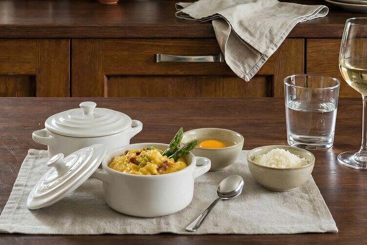 Risotto alla carbonara con asparagi in cocotte