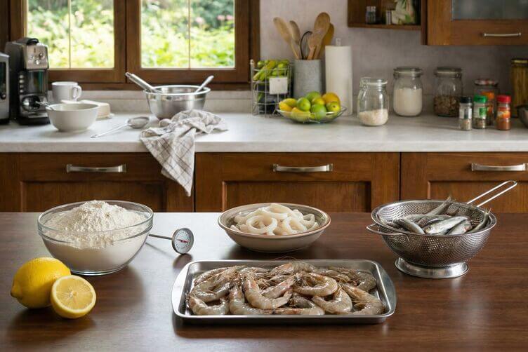 fritto misto pronti da cucinare gamberi e calamari puliti, pesciolini