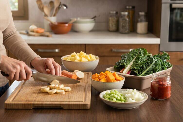 Preparazione zuppa di ortaggi al vapore