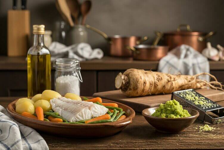 filetto di pesce bianco cotto al vapore e verdure lesse e wasabi come accompagnamento filetto di pesce bianco cotto al vapore e verdure lesse e wasabi come accompagnamento