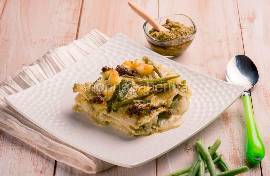 Lasagne alla genovese con pesto, patate e fagiolini come primo piatto