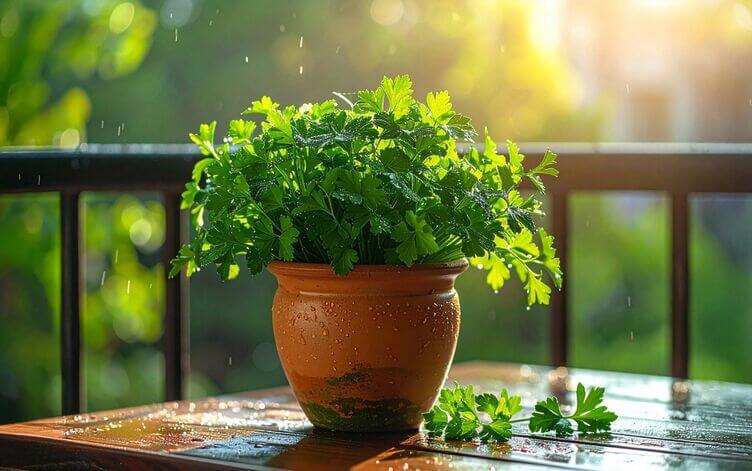 un vaso di prezzemolo sul balcone di casa