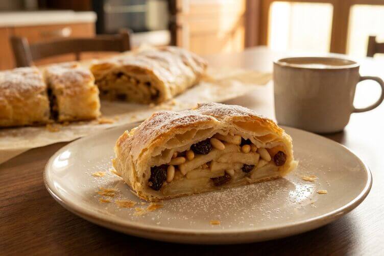 Fetta di strudel di mele con pasta sfoglia e ripieno di mele a fettine Fetta di strudel di mele con pasta sfoglia e ripieno di mele a fettine