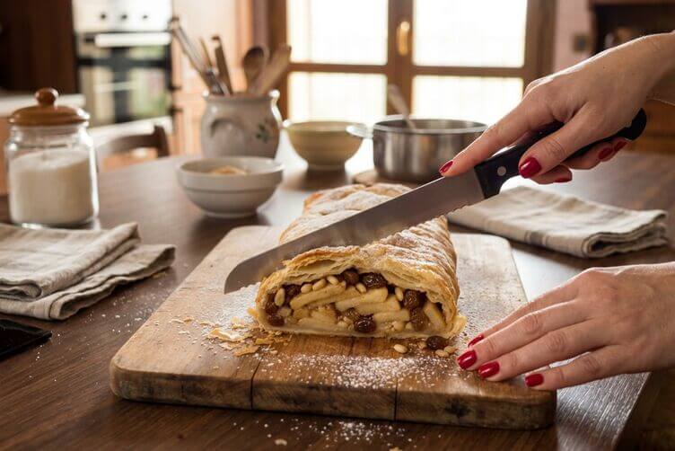 Taglio dello strudel di mele con pasta sfoglia con ripieno visibile