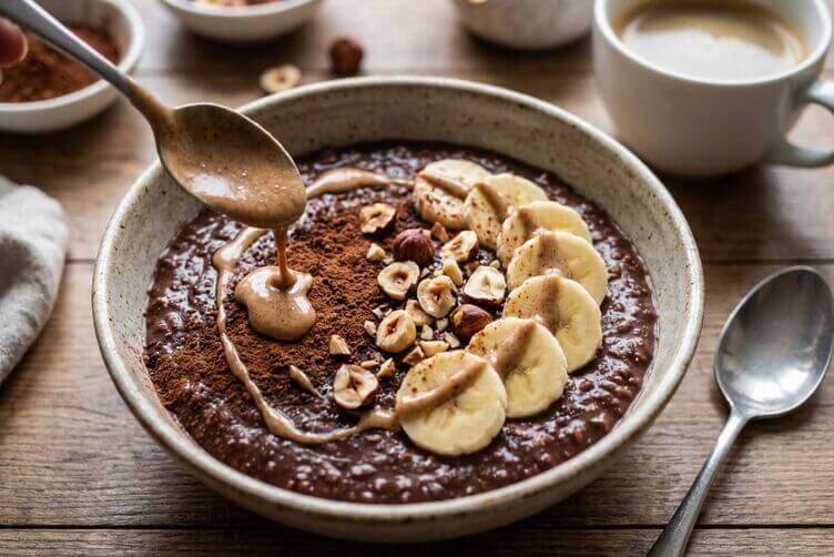 orridge al cacao scuro, banana a rondelle, nocciole tritate, una spolverata di cacao, un cucchiaino di crema di nocciole orridge al cacao scuro, banana a rondelle, nocciole tritate, una spolverata di cacao, un cucchiaino di crema di nocciole