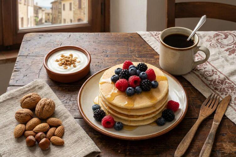 Colazione con pancakes frutta e caffè di cicoria Colazione con pancakes frutta e caffè di cicoria