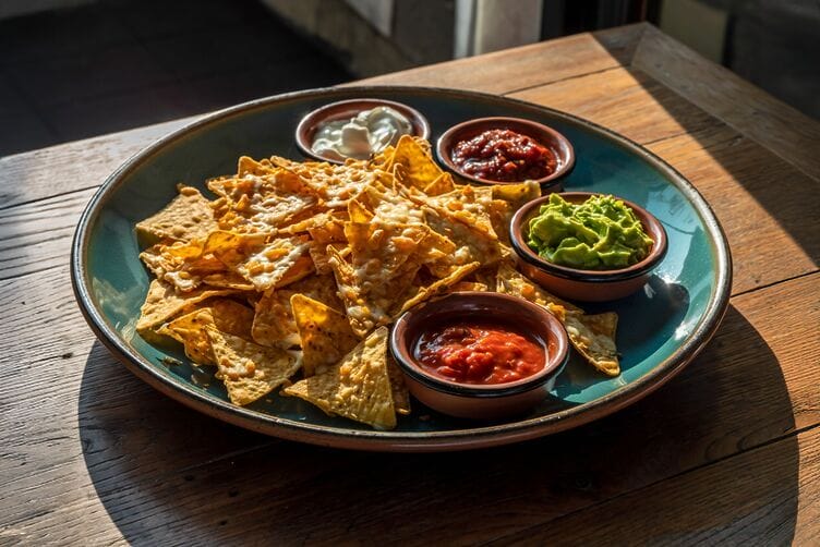 Nachos con guacamole, salsa di pomodoro e panna acida