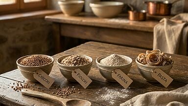 chicchi, fiocchi, farina e pasta di grano saraceno