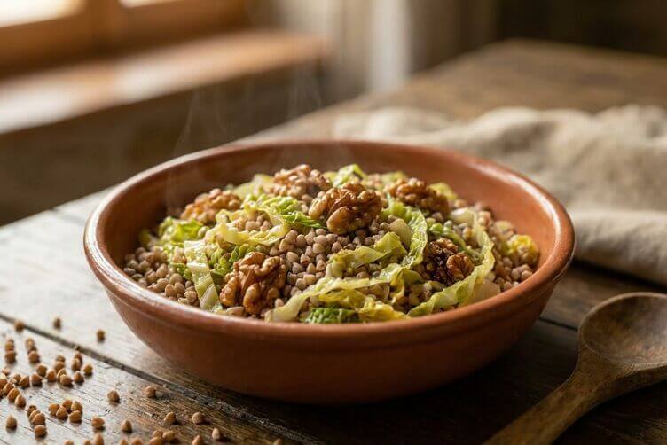 insalata di chicchi di grano saraceno con verza saltata e gherigli di noce insalata di chicchi di grano saraceno con verza saltata e gherigli di noce