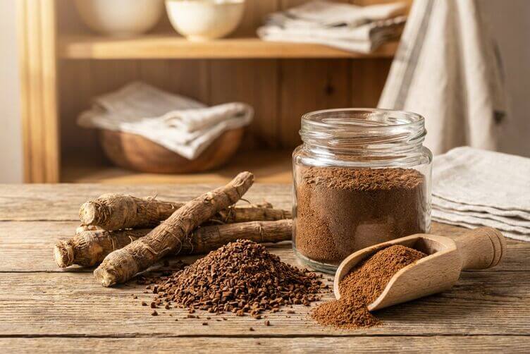 radici di cicoria e caffè di cicoria macinato