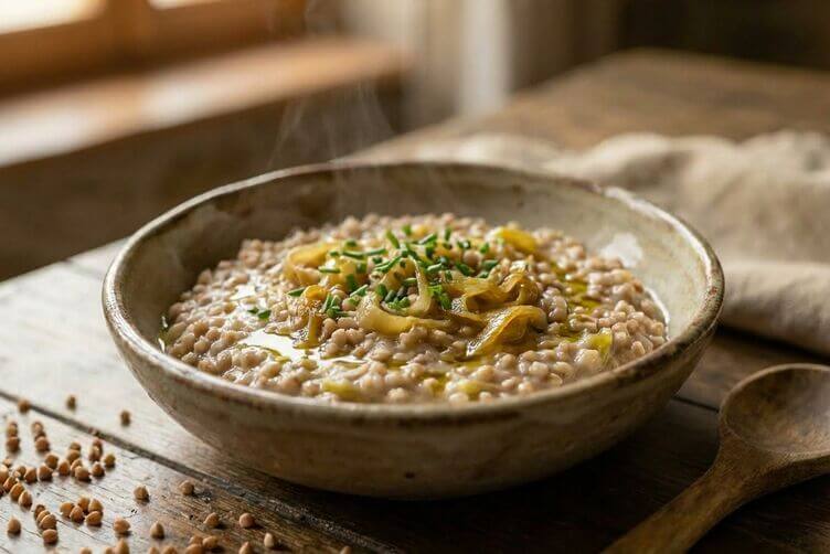 saracenotto con chicchi di grano saraceno decorticati e porri stufati