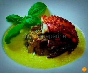 tartara di melanzana su crema di fave con polpo alla piastra tartara di melanzana su crema di fave con polpo alla piastra