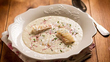 Baccalà cotto e crudo su crema di patate dolci
