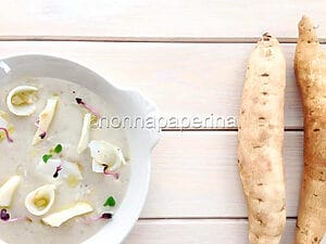 baccala cotto e crudo crema patate dolci e olive germogli
