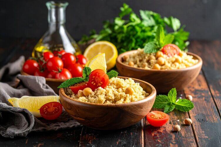 Ciotoline di quinoa cruda, limone, menta, prezzemolo, ceci lessati, pomodorini e olio extravergine