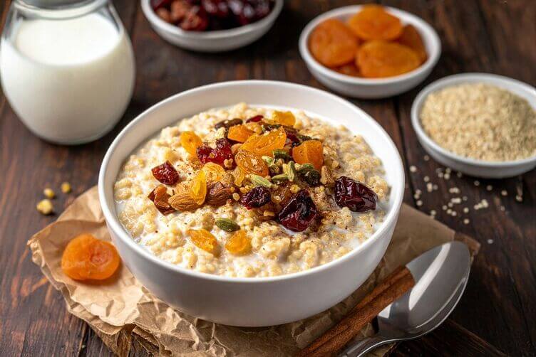 Porridge di quinoa con latte vegetale cannella cardamomo e frutta secca