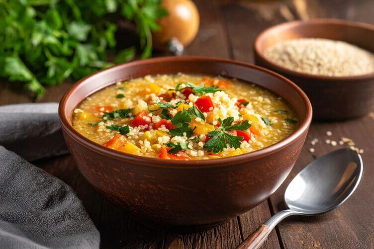Zuppa calda con quinoa, verdure a cubetti ed erbe fresche