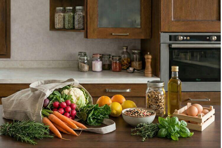 Mangiare sano e naturale: 10 abitudini che aiutano davvero Spesa sana e naturale con verdure di stagione, legumi, cereali e olio extravergine