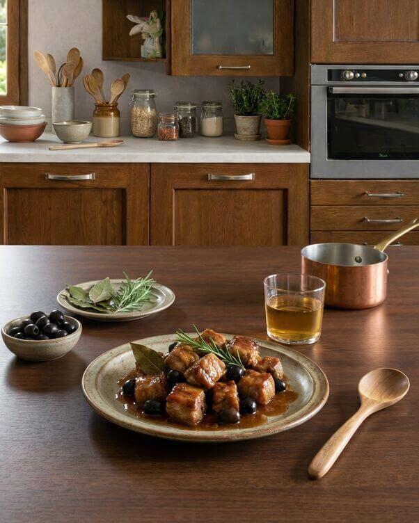 Bocconcini di maiale alle olive nere