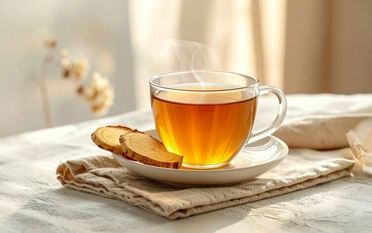 Tazza di infuso al ginseng con fettine di radice Tazza di infuso al ginseng con fettine di radice