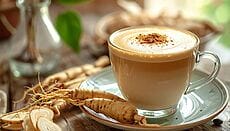 Tazzina di caffè al ginseng con fettina di radice sul piattino