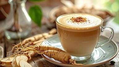 Tazzina di caffè al ginseng con fettina di radice sul piattino