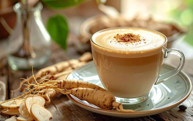 Ginseng: cos’è, proprietà, benefici, uso e controindicazioni Tazzina di caffè al ginseng con fettina di radice sul piattino