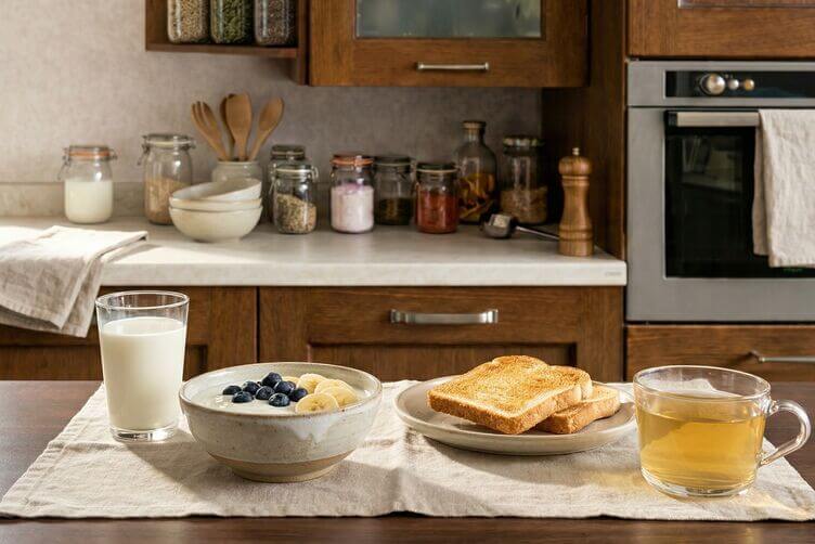 Colazione con latte senza lattosio, yogurt delattosato, banana e mirtilli Colazione con latte senza lattosio, yogurt delattosato, banana e mirtilli