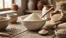 Farina di sorgo senza glutine in ciotola con chicchi di sorgo