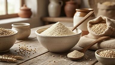 Farina di sorgo senza glutine in ciotola con chicchi di sorgo