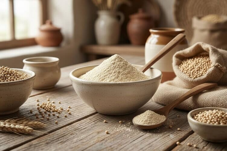 Farina di sorgo: guida completa e ricette della nonna Farina di sorgo senza glutine in ciotola con chicchi di sorgo