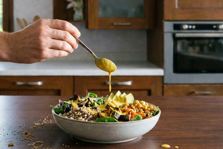 Maionese alla curcuma usata come dressing su una bowl con verdure e cereali.