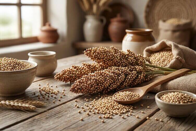 Sorgo cereale antico chicchi e spighe su tavola di legno Sorgo cereale antico chicchi e spighe su tavola di legno