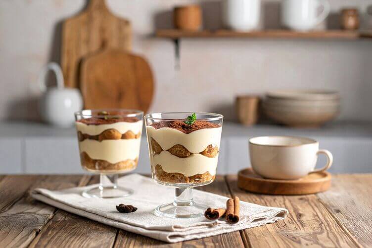 Bicchieri trasparenti con tiramisù monoporzione
