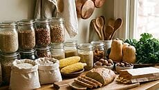 Dieta senza glutine dispensa con ingredienti naturali e prodotti gluten free