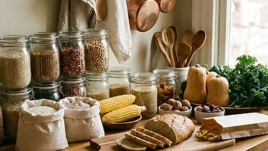 Dieta senza glutine dispensa con ingredienti naturali e prodotti gluten free