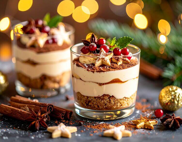 Tiramisù natalizio in coppa di vetro, decorato con stelle di zucchero