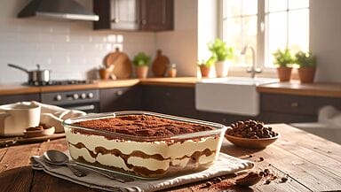 Un tiramisù classico servito in una teglia di vetro trasparente