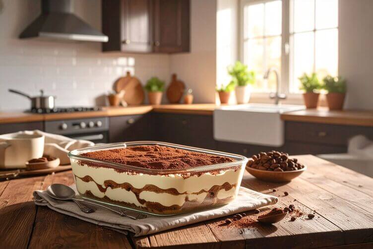 Un tiramisù classico servito in una teglia di vetro trasparente