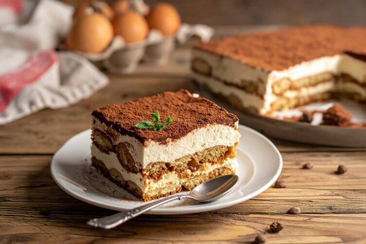 Una fetta di tiramisù al mascarpone appena servita su un piatto Una fetta di tiramisù al mascarpone appena servita su un piatto