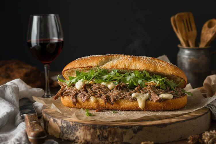 Panino gourmet con brasato sfilacciato Panino gourmet con brasato sfilacciato