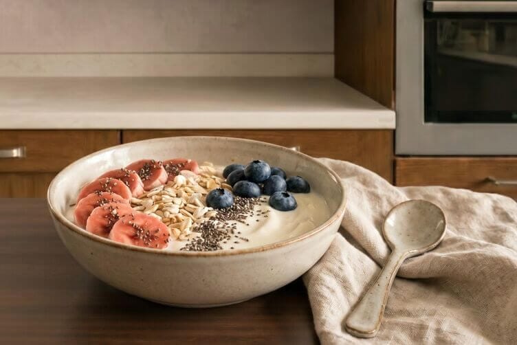 colazione con yogurt, rondelle di banana rossa, fiocchi di riso, semi di chia e qualche mirtillo fresco colazione con yogurt, rondelle di banana rossa, fiocchi di riso, semi di chia e qualche mirtillo fresco
