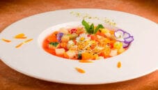 Mosaico di frutta e verdura su estratto di anguria, un piatto salutare Mosaico di frutta e verdura su estratto di anguria, un piatto salutare