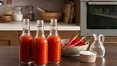 Bottigliette di salsa Tabasco fatta in casa conservata in cucina