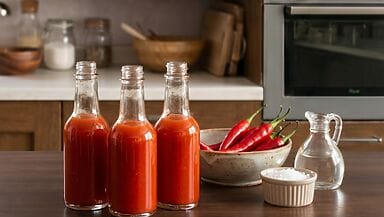Bottigliette di salsa Tabasco fatta in casa conservata in cucina