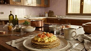 Pancakes alla farina di lenticchie con uova e salmone