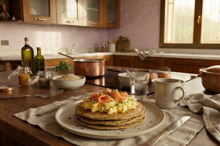 Pancakes alla farina di lenticchie con uova e salmone
