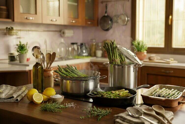 cotture degli asparagi vapore, padella, forno e vapore