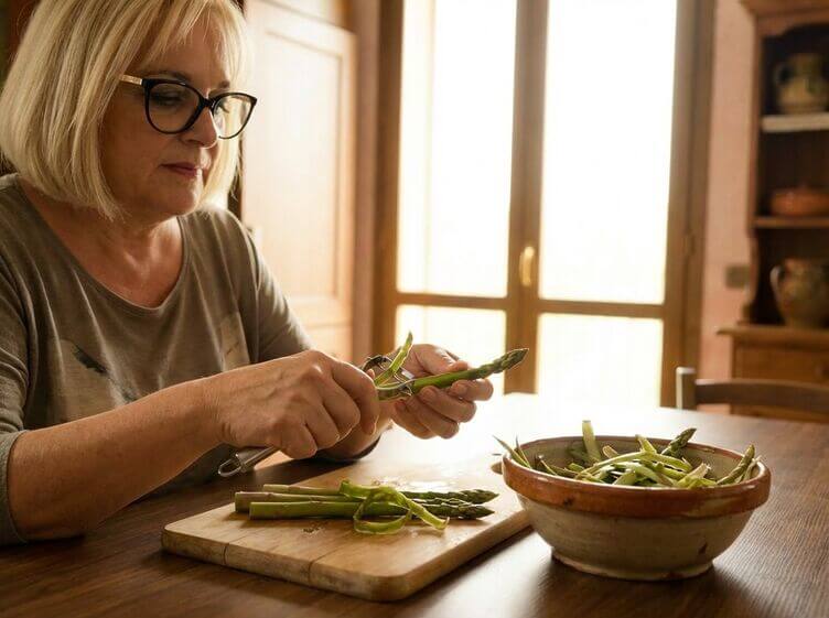 nonnapaperina che pela gli asparagi con l'apposito attrezzo nonnapaperina che pela gli asparagi con l'apposito attrezzo