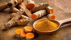 radici di curcuma fresca e curcuma in polvere